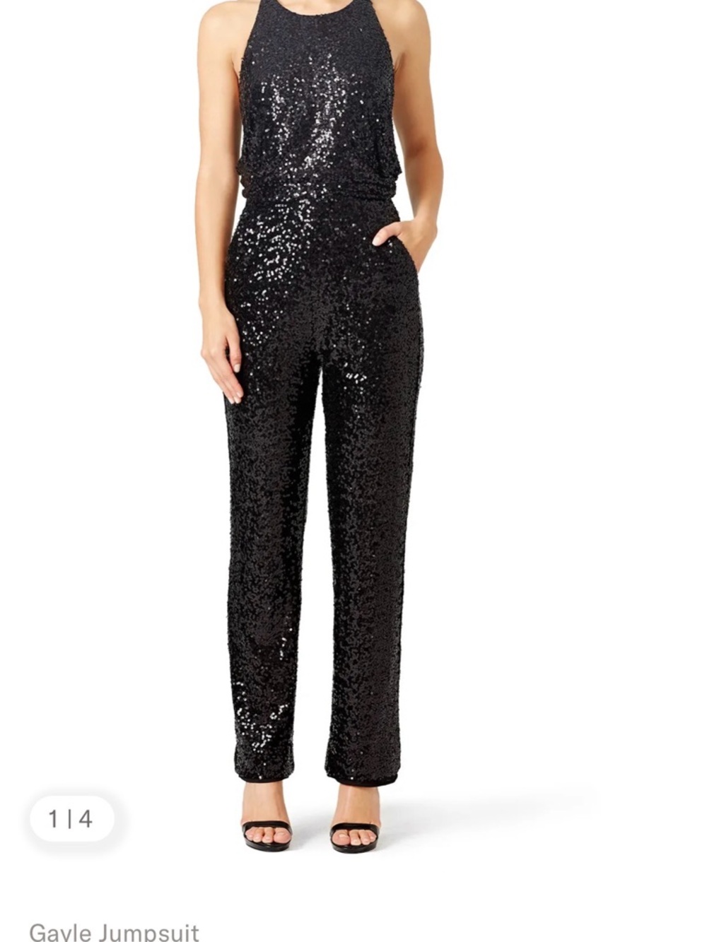 Badgley Mischka Black Sequin Halter Jumpsuit Size 4 w/ Pockets | Formal Evening